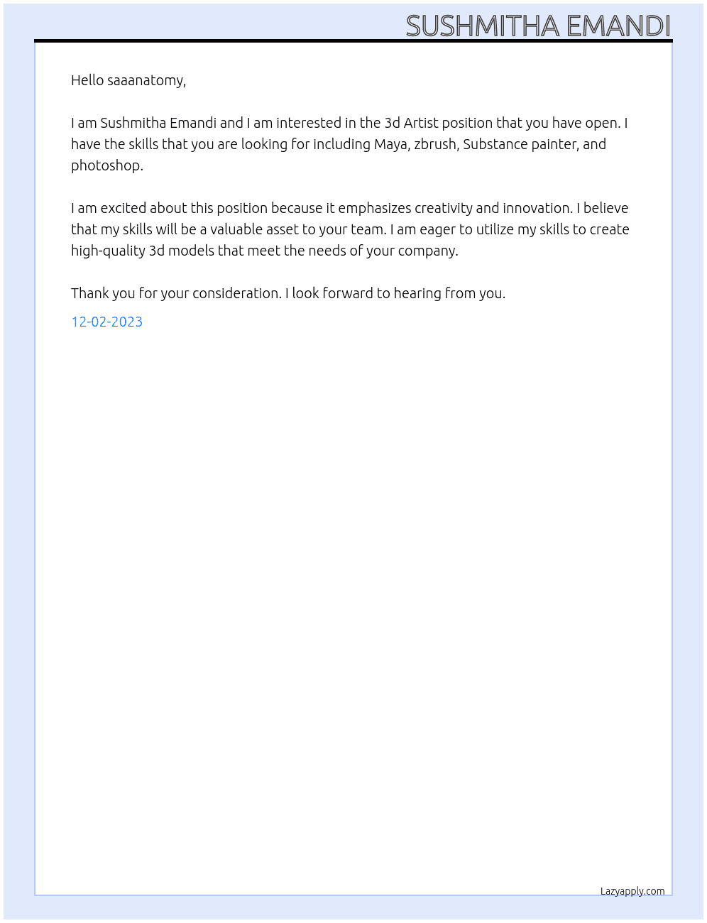 3d Artist At saaanatomy Cover Letter
