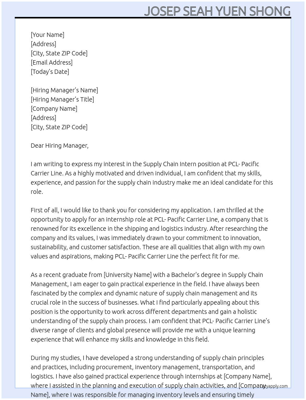 supply chain intern  At PCL- Pacific Carrier Line Cover Letter