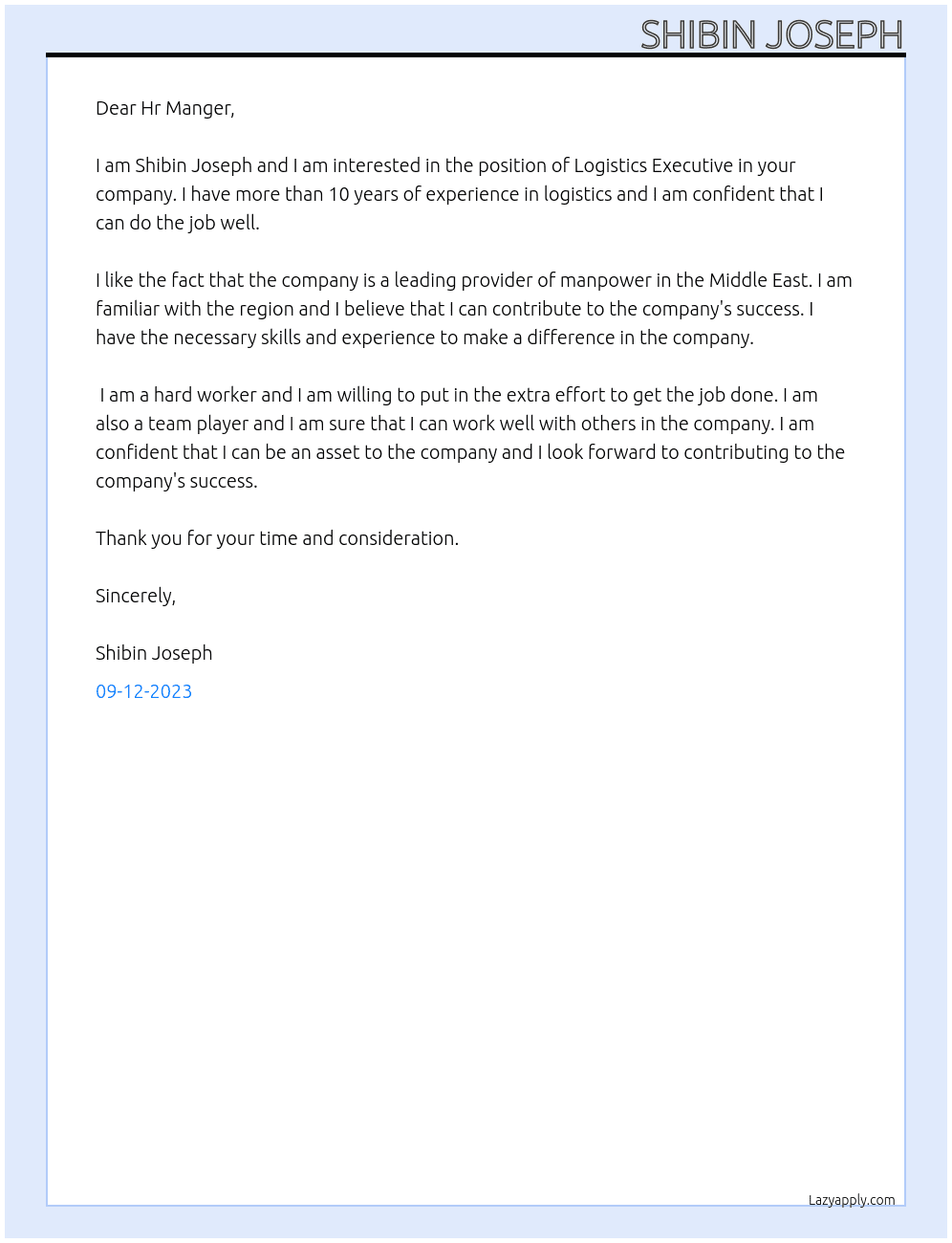 Logistics Executive  At Man power Group Middle East  Cover Letter