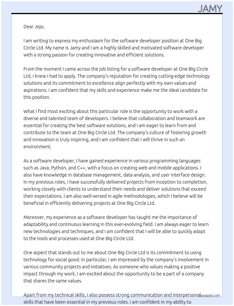 software developer At one big circle ltd Cover Letter
