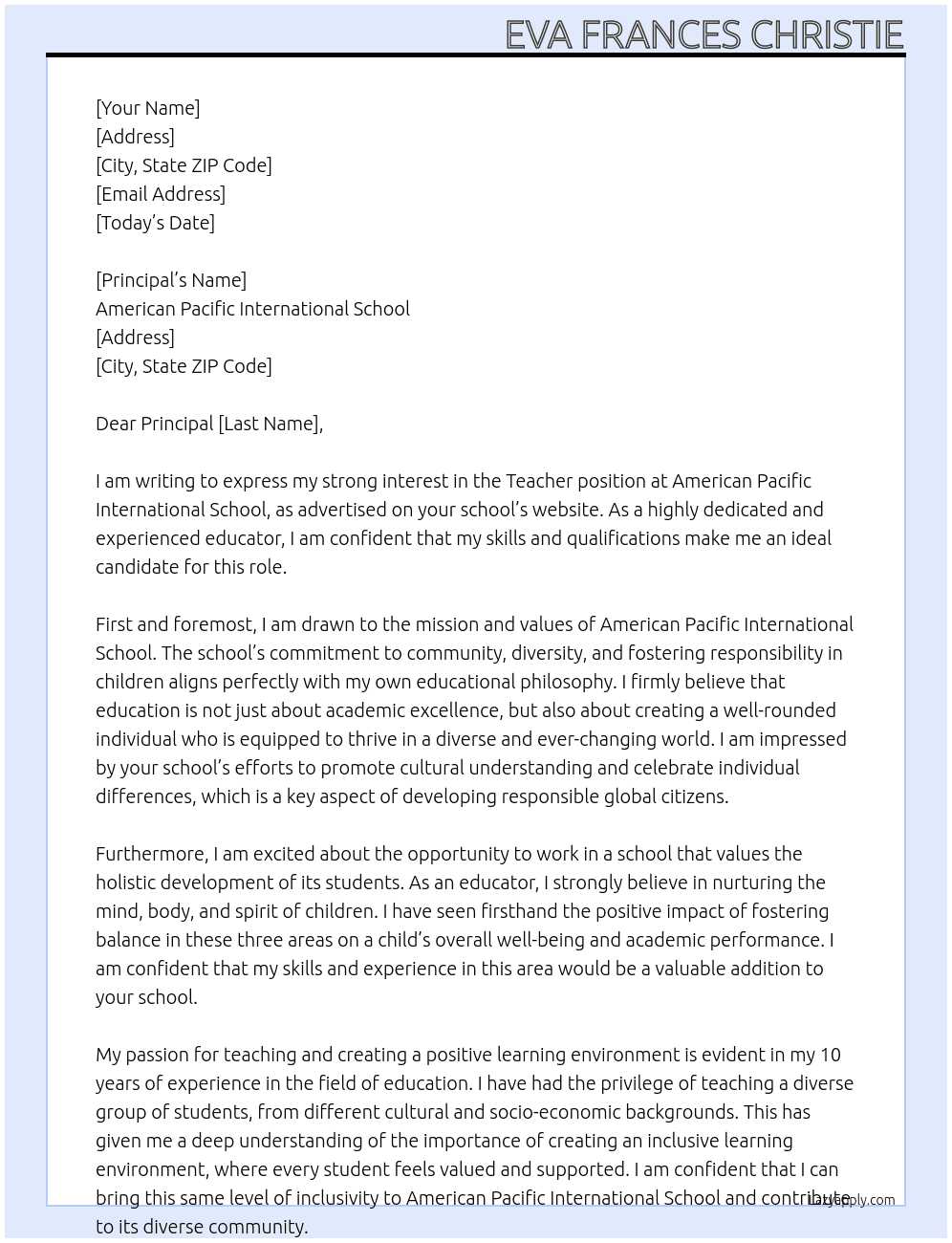 Teacher At American Pacific International school Cover Letter