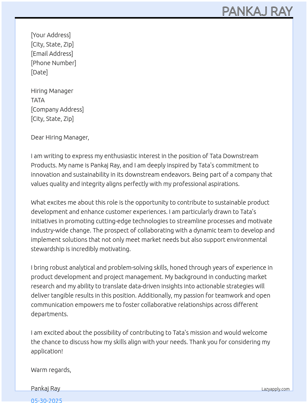 Cover letter for tata downstream prodcuts - LazyApply