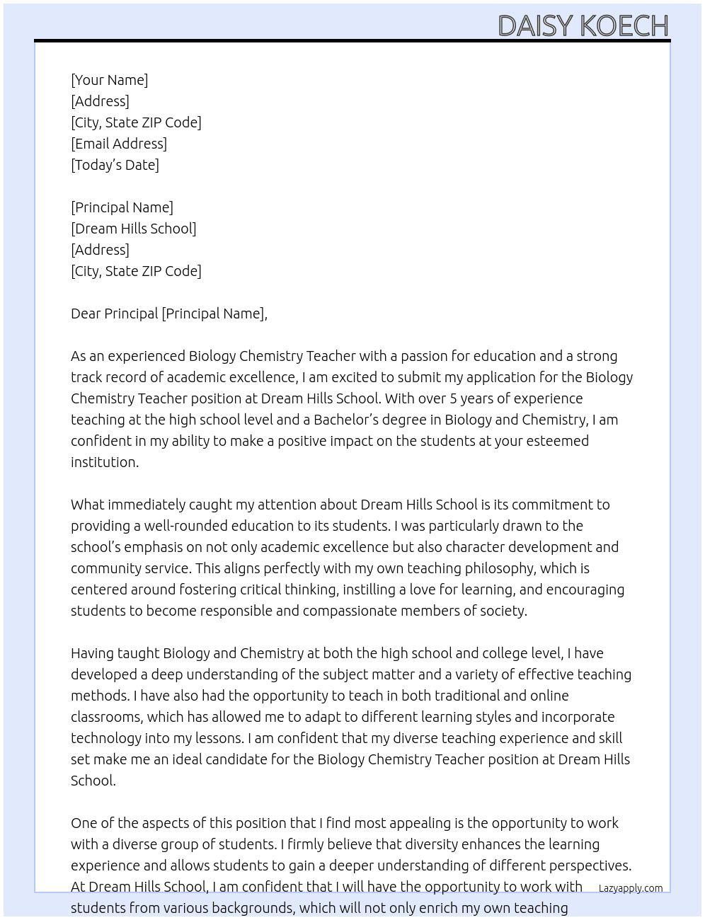 Biology Chemistry Teacher At Dream Hills School Cover Letter