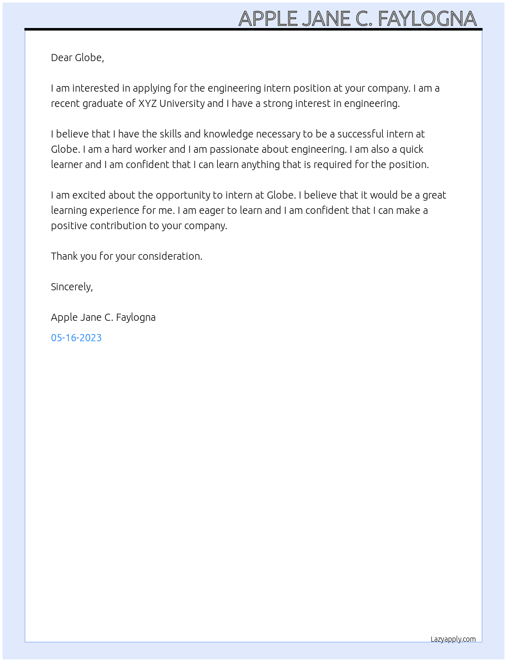 Engineering Intern At Globe Cover Letter