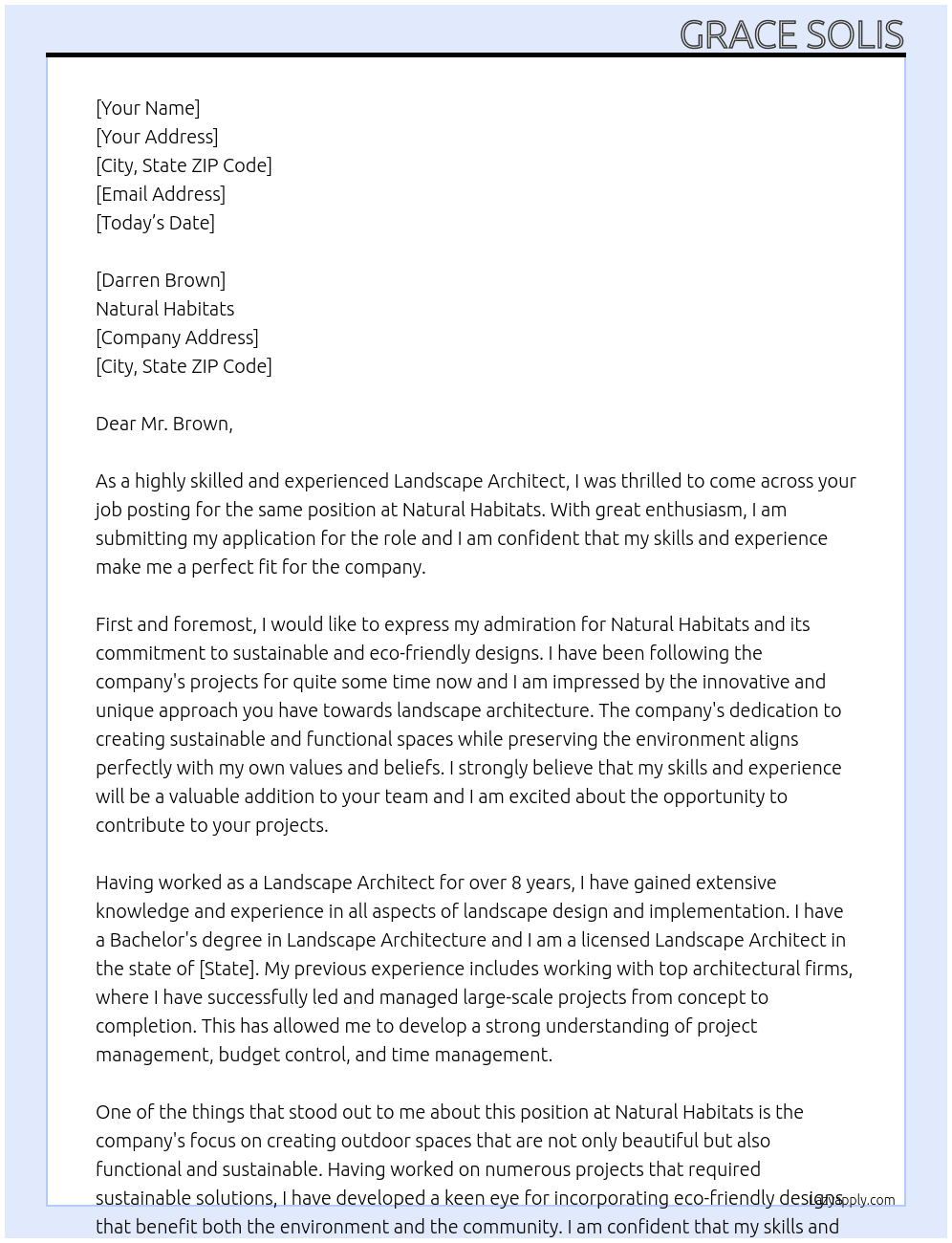 Landscape Architect At Natural Habitats Cover Letter