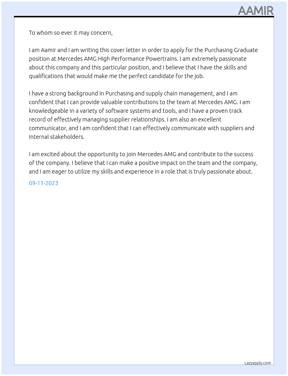 Purchasing Graduate At Mercedes AMG High Performance Powertrains Cover Letter