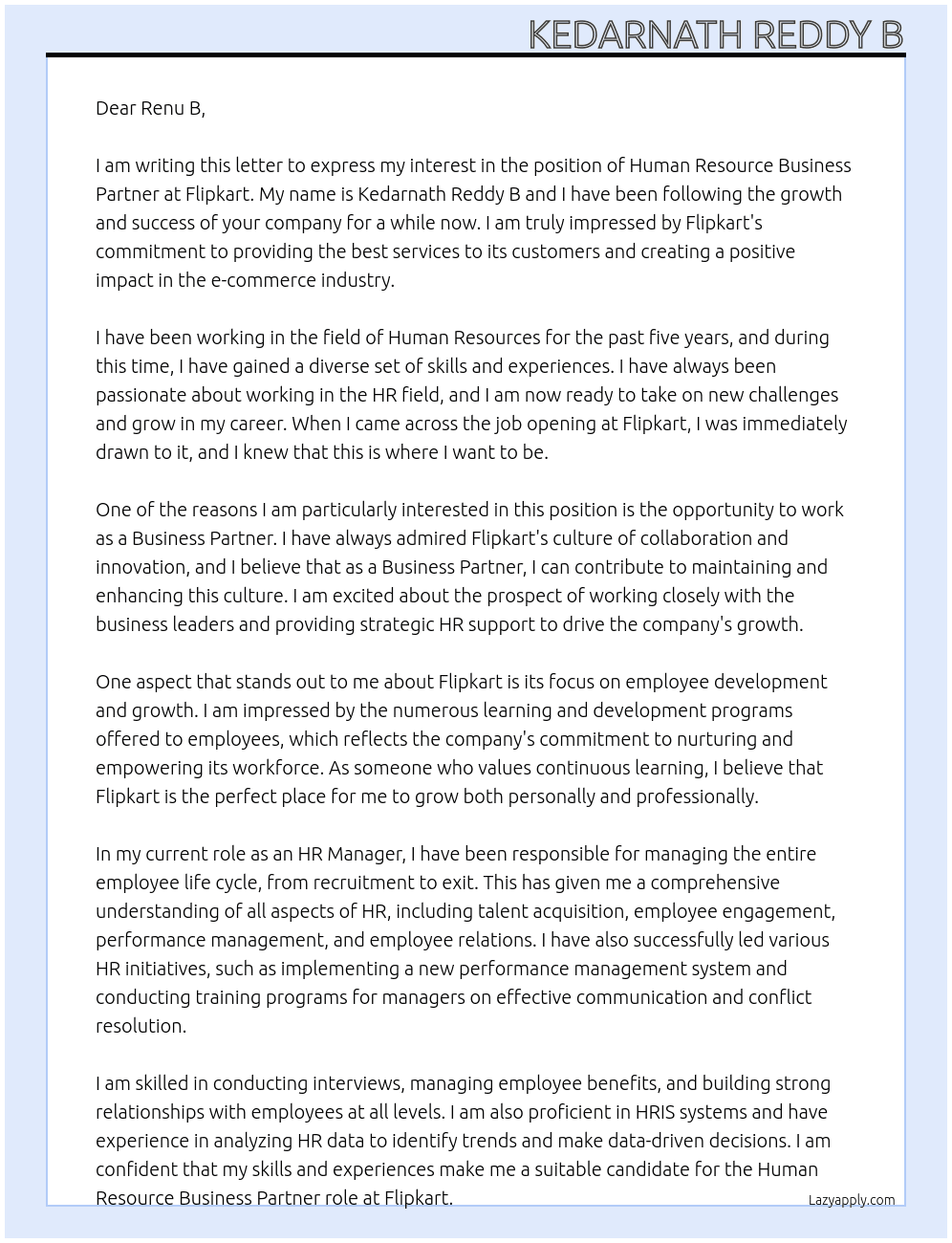 Human Resource Business Partner At Flipkart Cover Letter