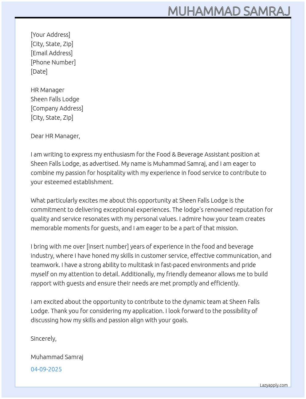 Food & Beverage Assistants At Sheen Falls Lodge Cover Letter