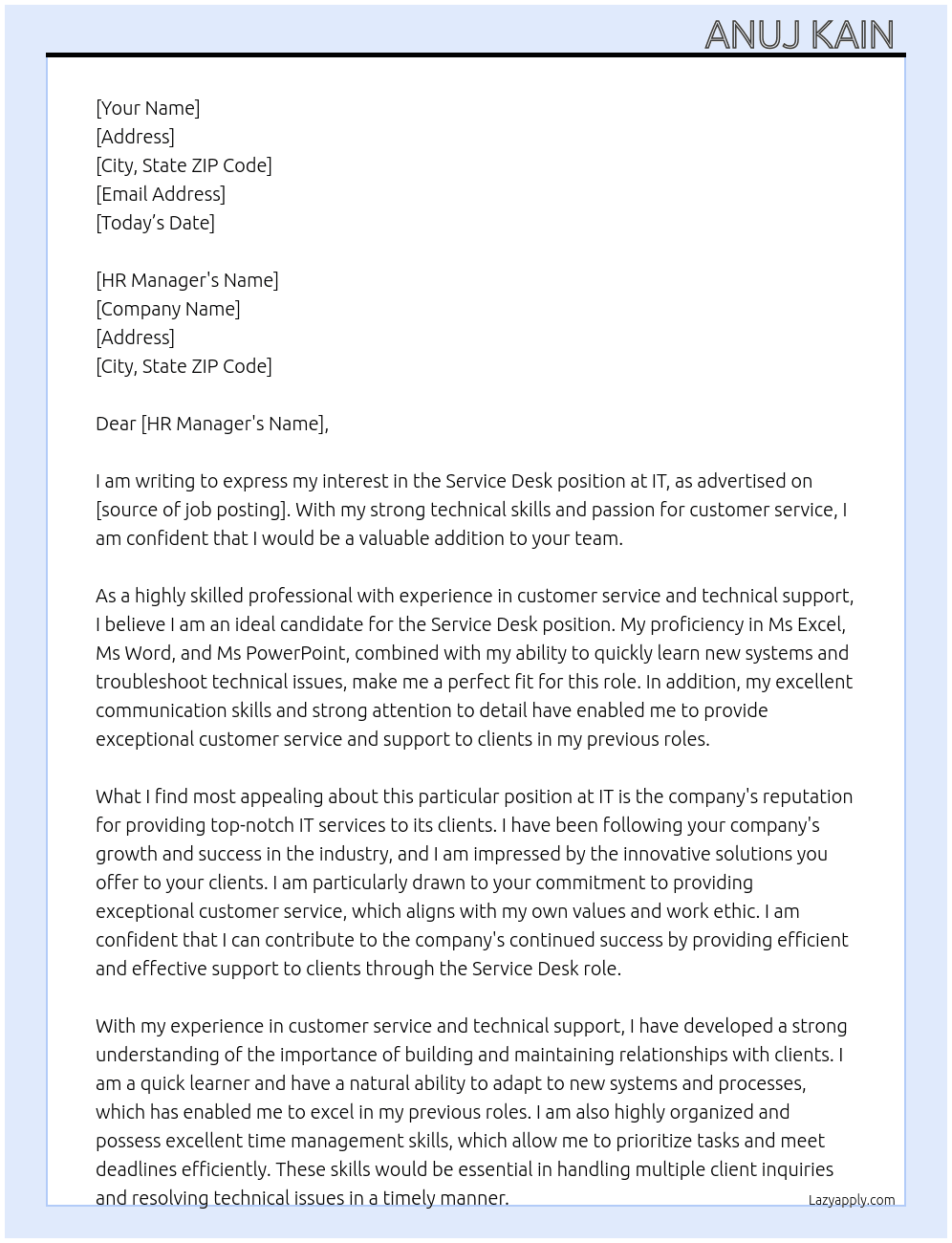 Service desk  At IT  Cover Letter