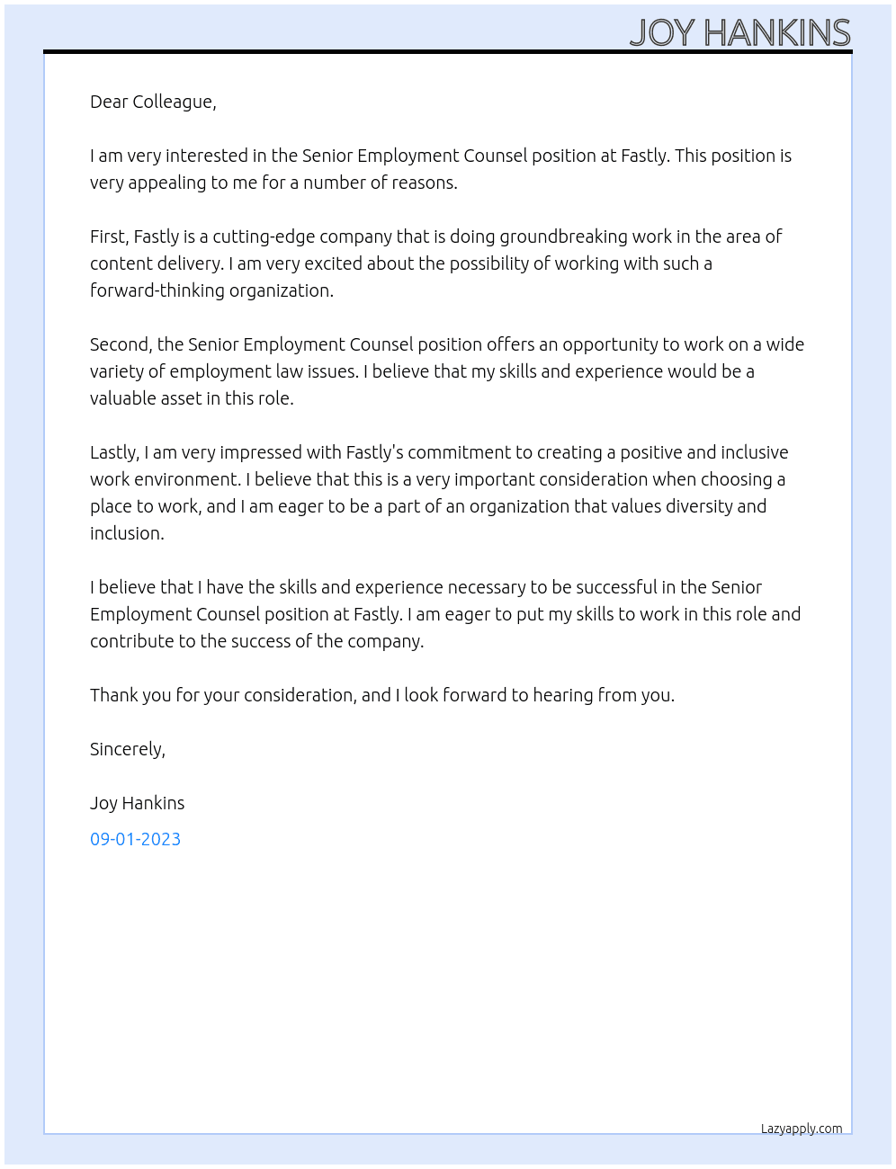 Senior Employmnet Counsel At Fastly Cover Letter
