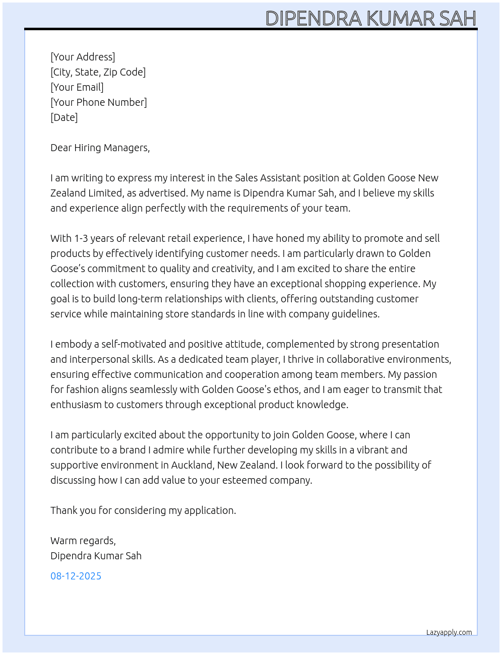 Sales assistant At Golden Goose New Zealand Limited Cover Letter