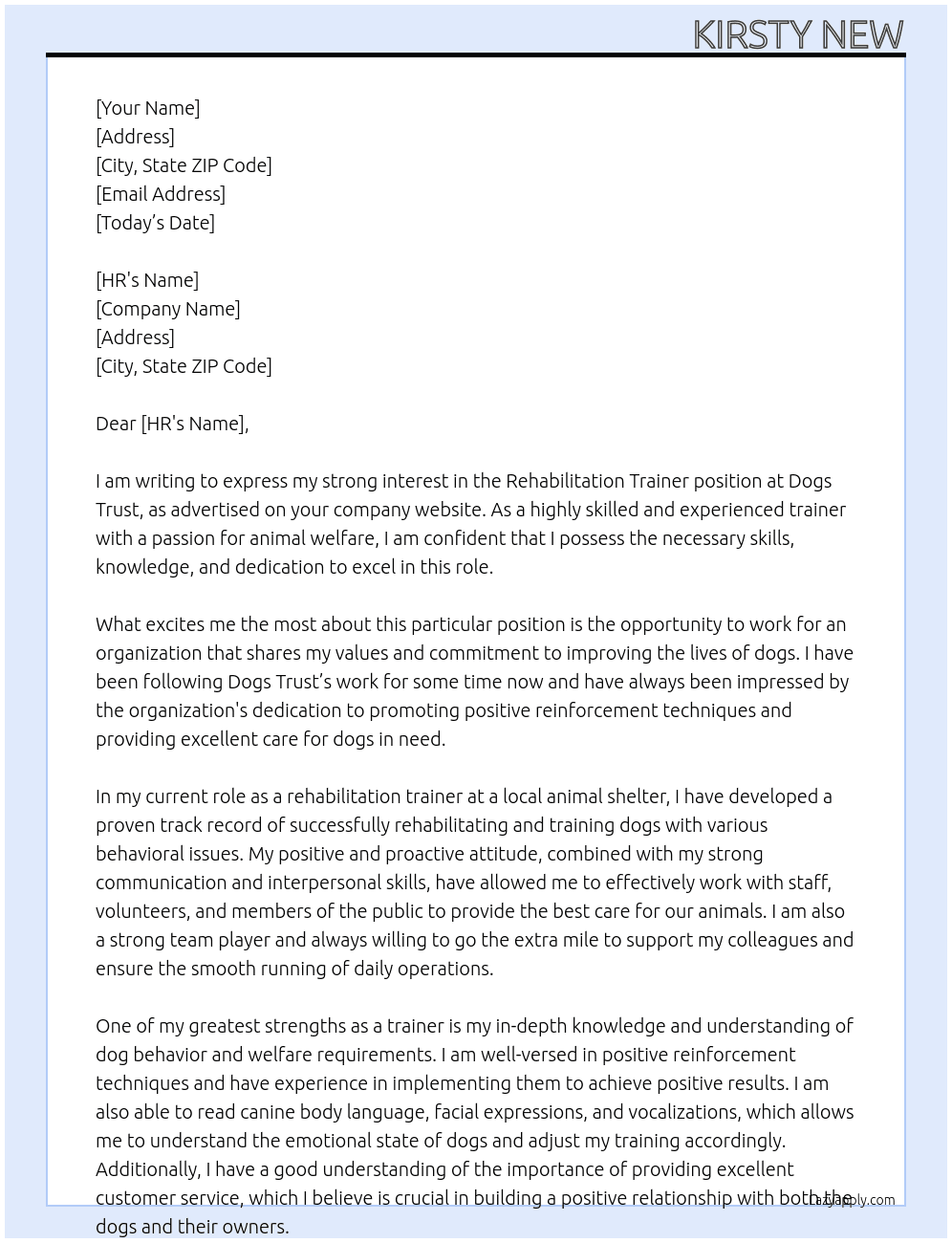 Rehabilitation Trainer At Dogs Trust Cover Letter