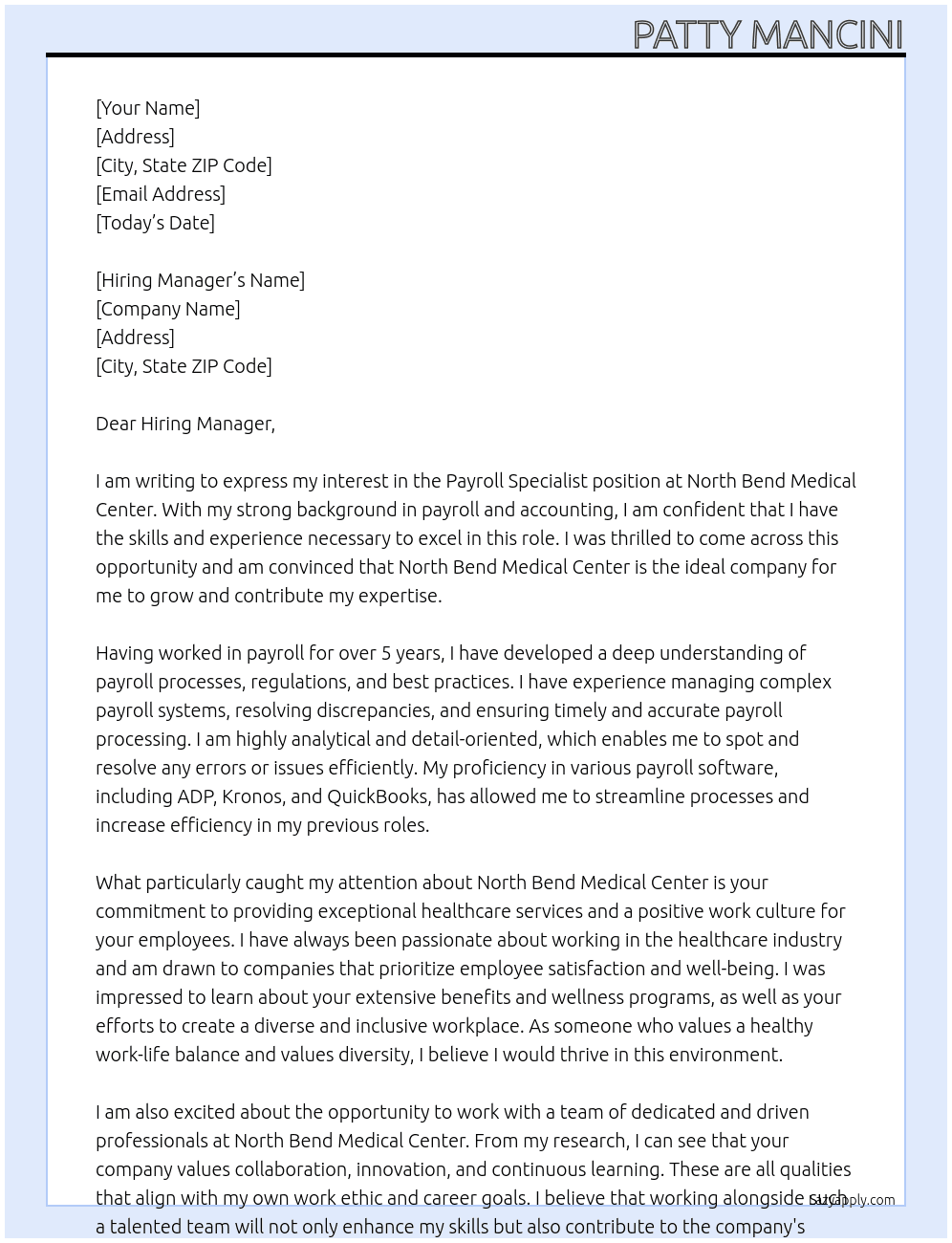 Payroll Specialist At North Bend Medical Center Cover Letter