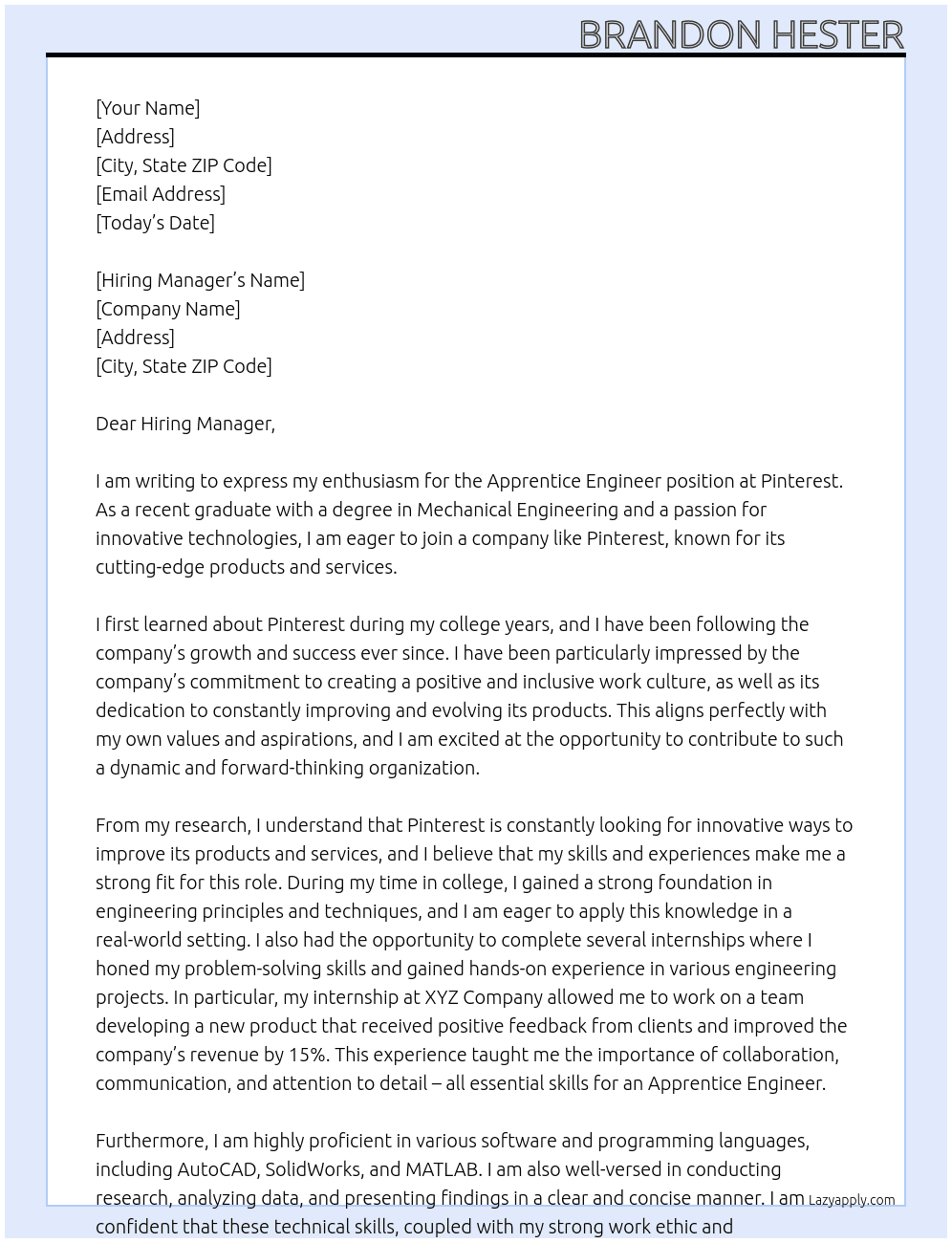 Apprentice Engineer  At Pinterest Cover Letter