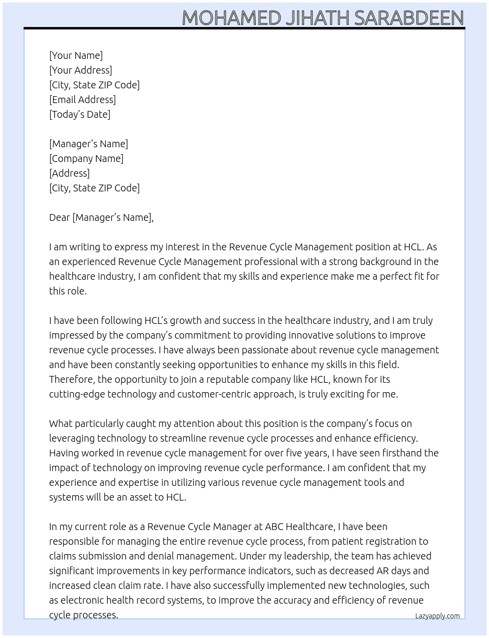 Cover letter for revenue cyle management - LazyApply