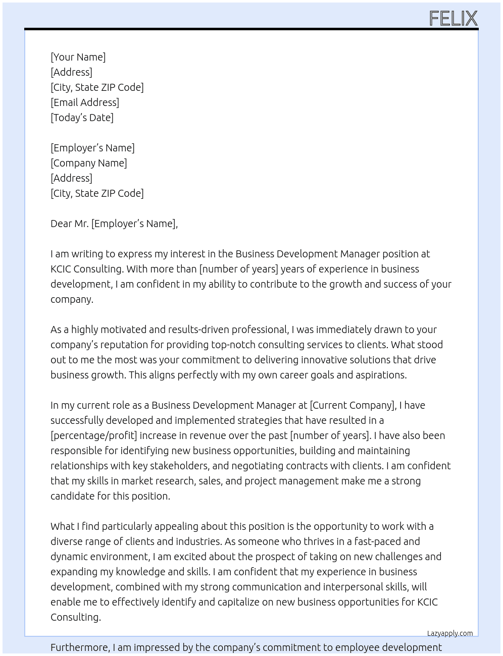 Business development manager  At KCIC Consulting  Cover Letter
