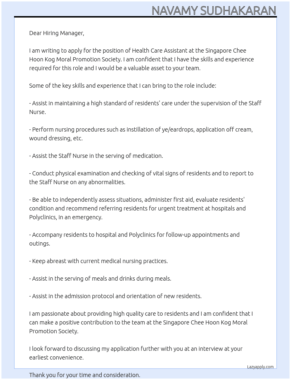 Health care Assistant At Singapore Chee Hoon Kog Moral Promotion Society Cover Letter