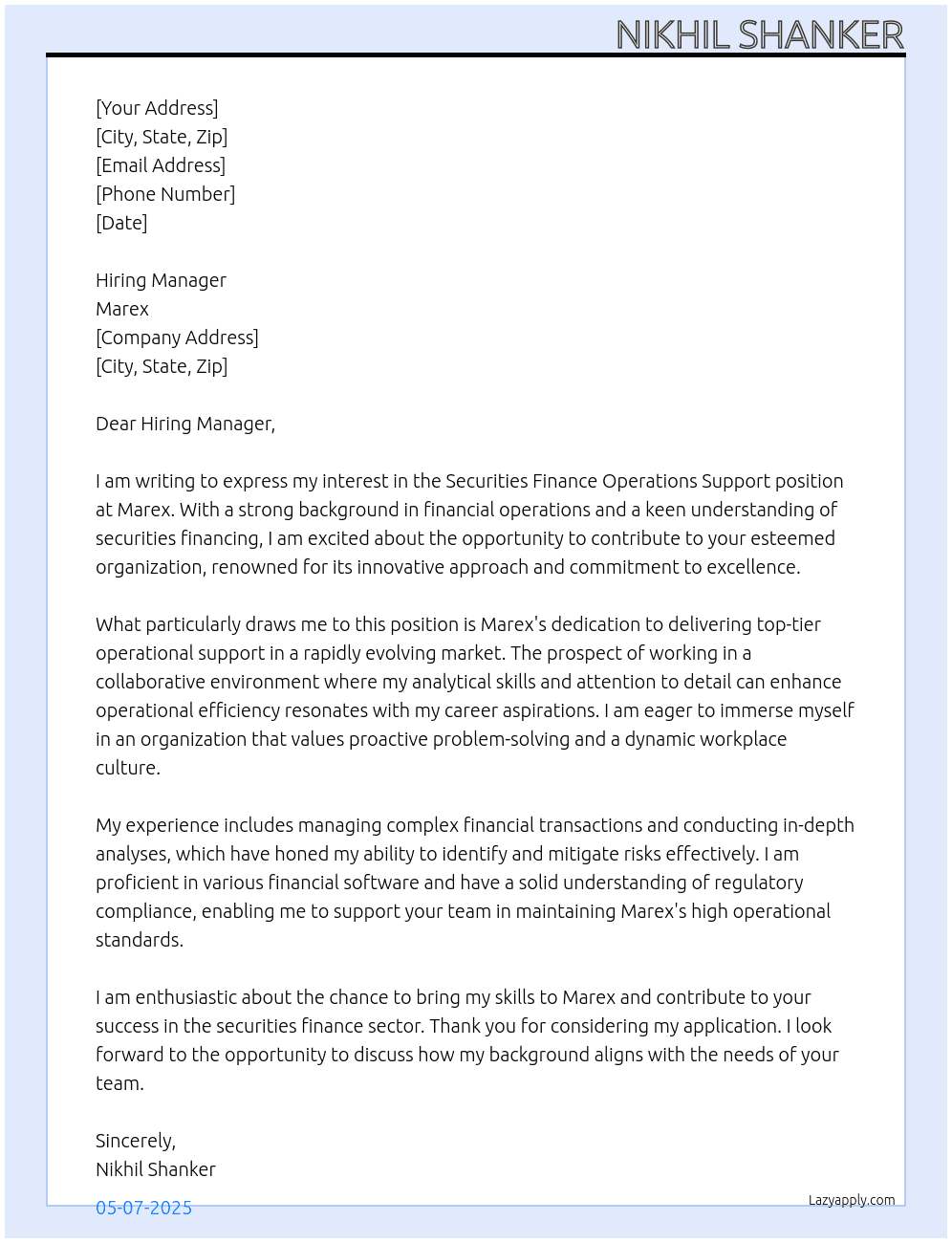 Cover letter for securities finance operations support - LazyApply