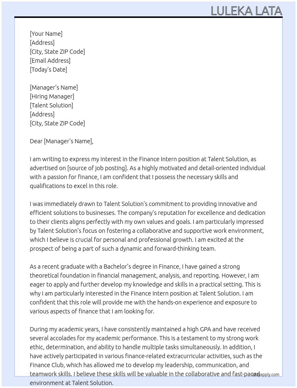 finance intern  At talent solution Cover Letter