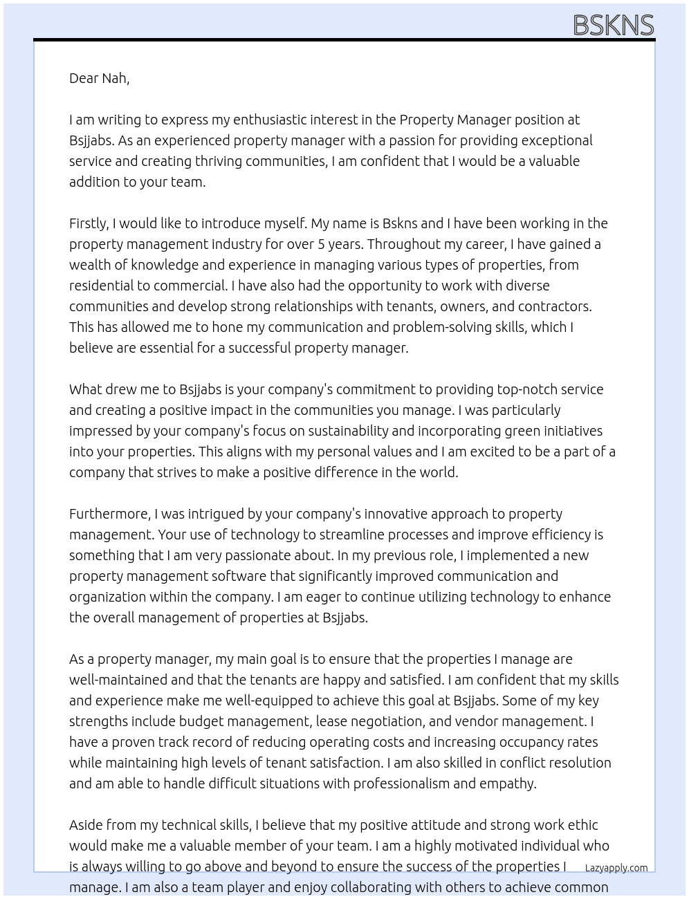 Property manager At Bsjjabs Cover Letter