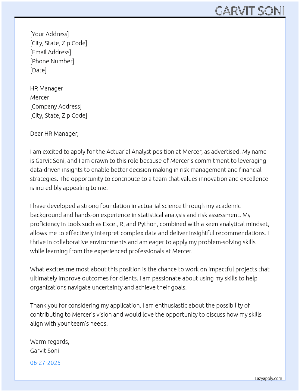 Actuarial Analyst At Mercer Cover Letter