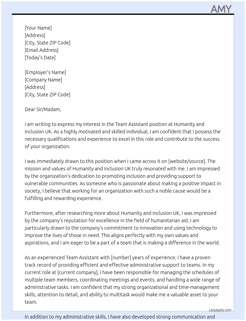 Team  Assistant  At Humanity and Inclusion UK Cover Letter