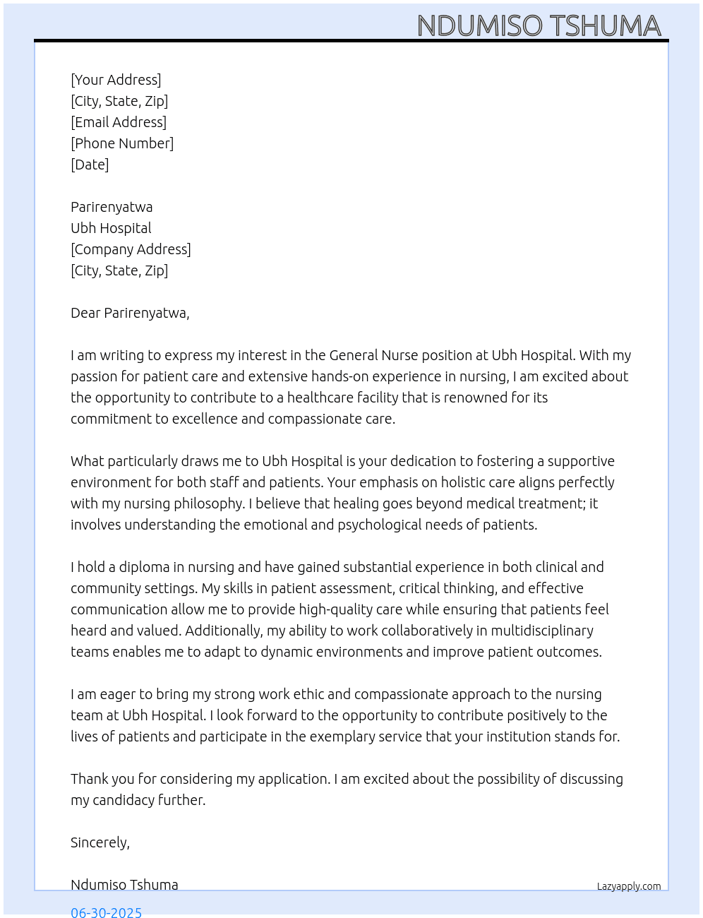 General Nurse  At Ubh hospital  Cover Letter