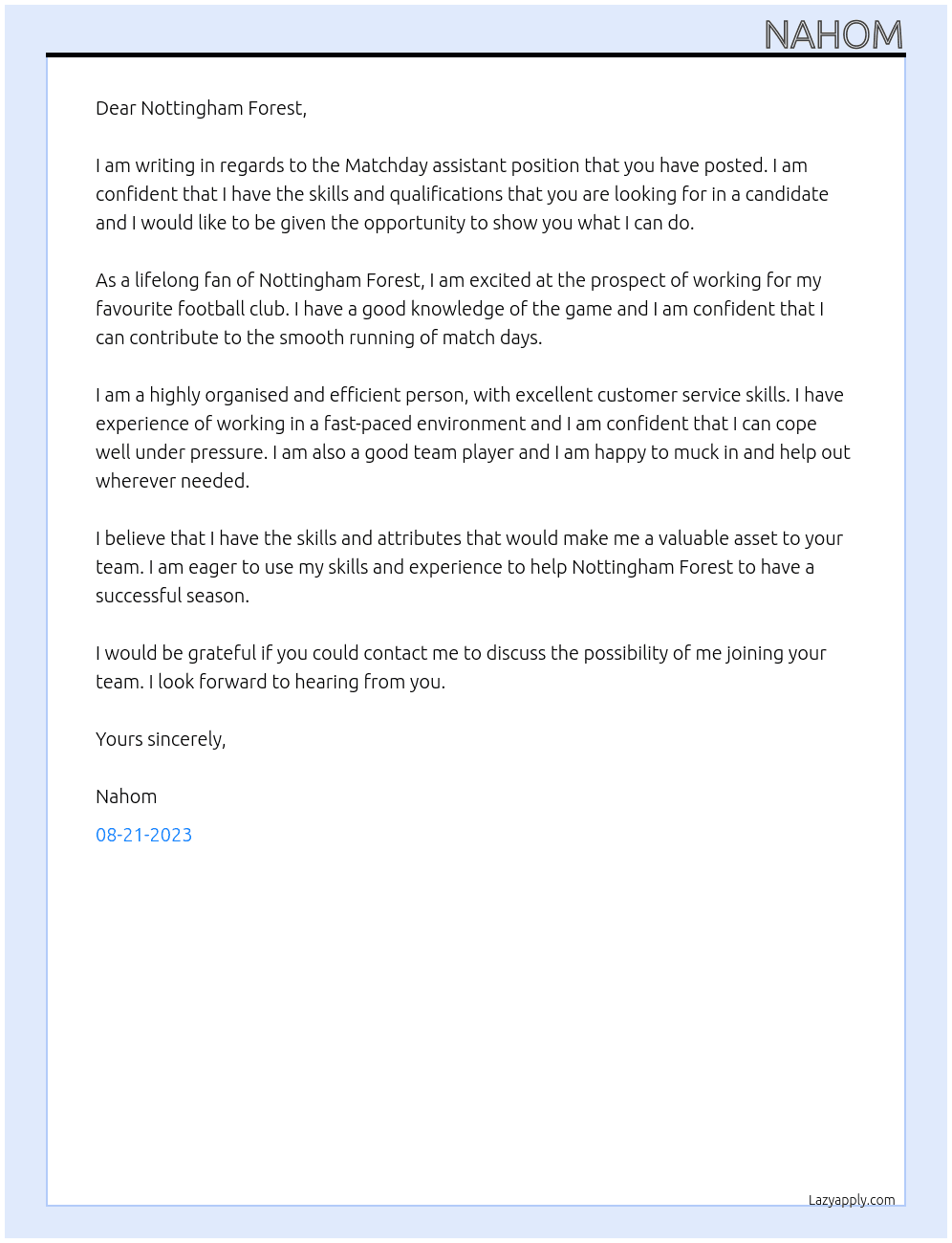 Matchday assistant At Nottingham forest Cover Letter