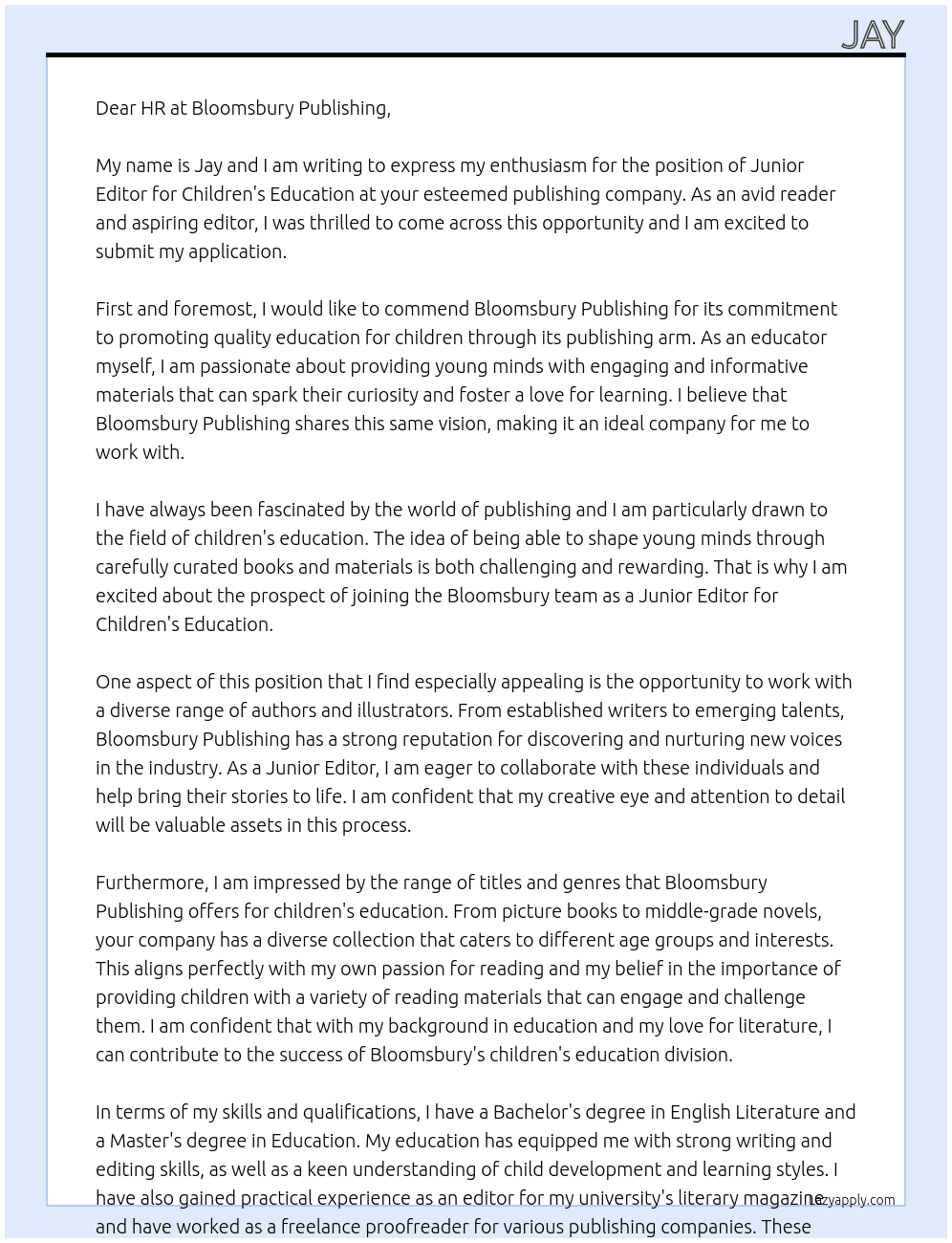 Junior Editor, Children's Education At Bloomsbury Publishing Cover Letter