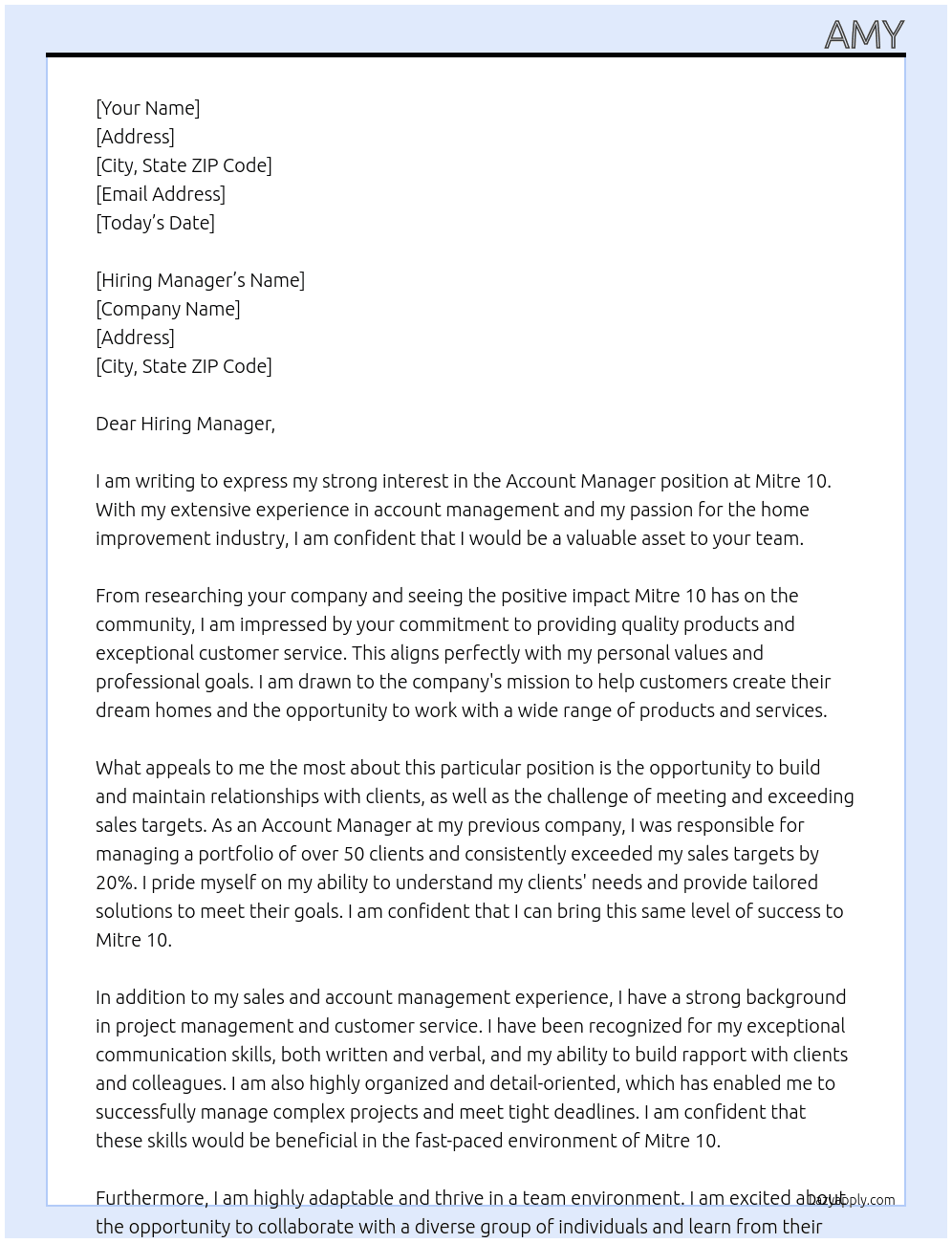 Account Manager At Mitre 10 Cover Letter