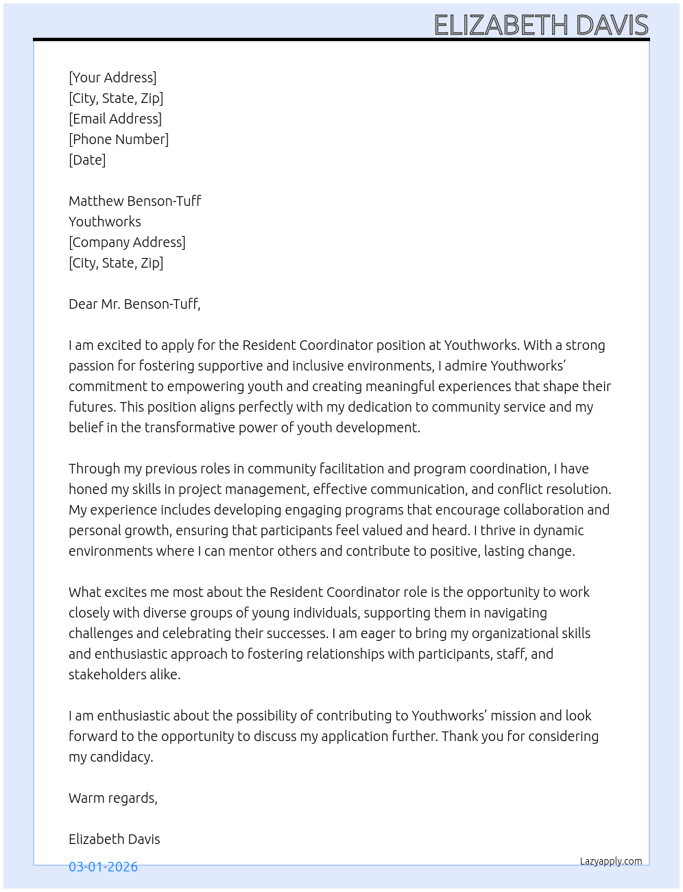 Resident coordinator At Youthworks Cover Letter