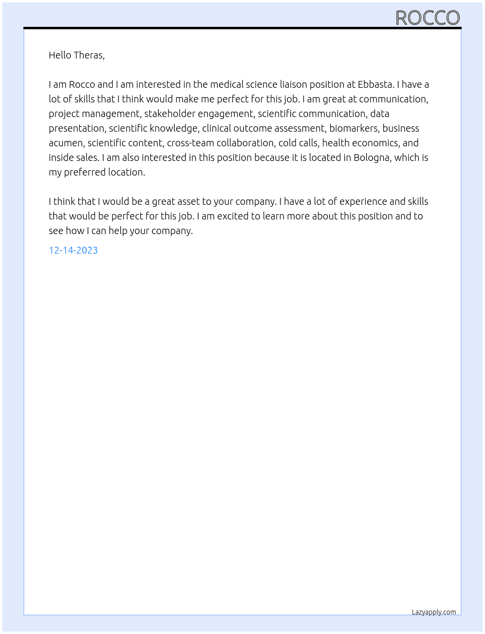 medical science liaison At Ebbasta Cover Letter
