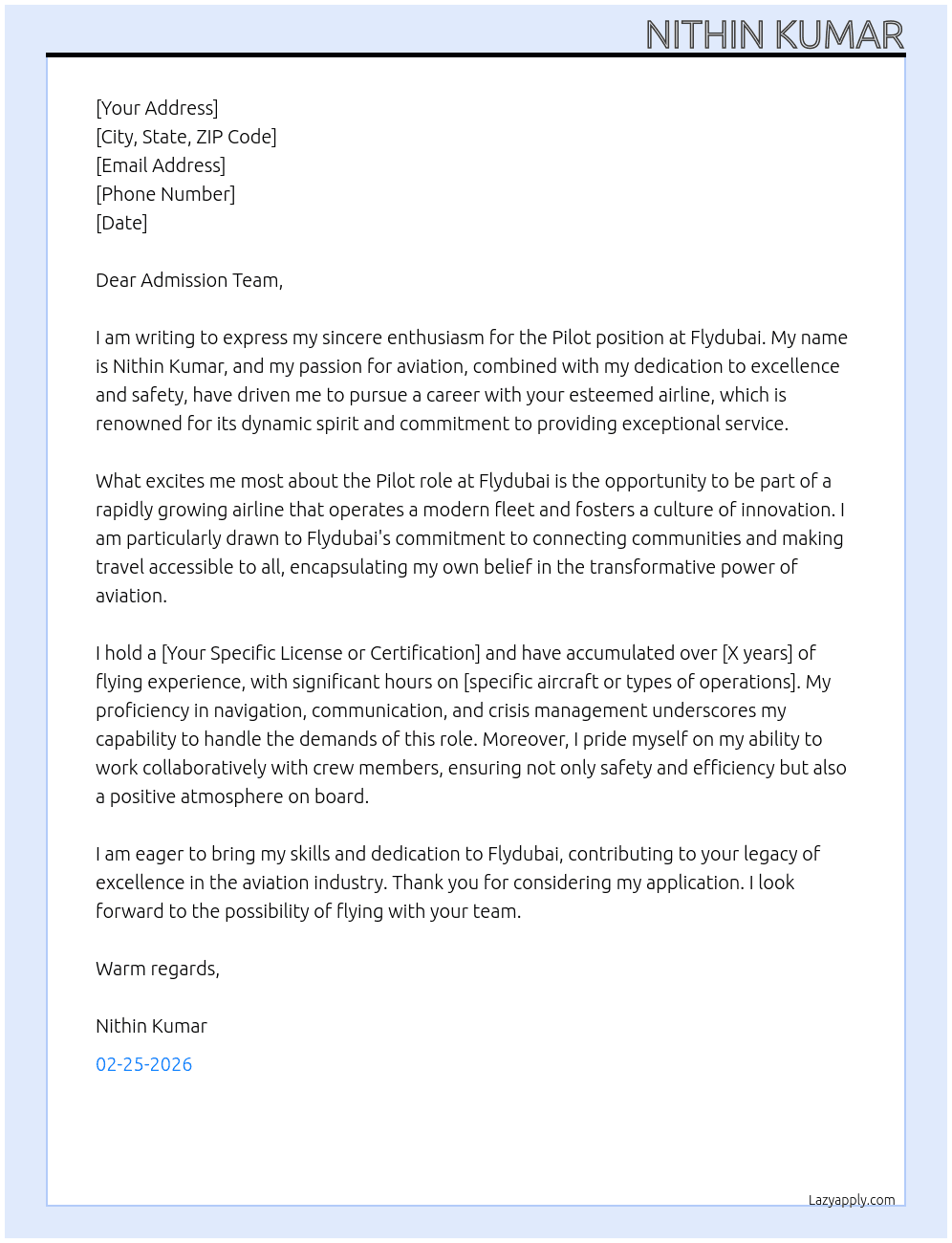 Pilot At Flydubai Cover Letter