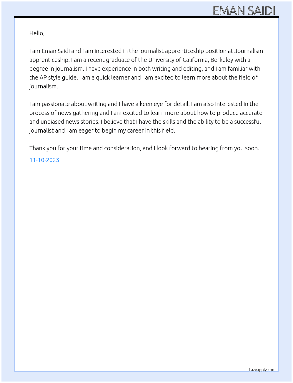 Journalist  At Journalism apprenticeship  Cover Letter