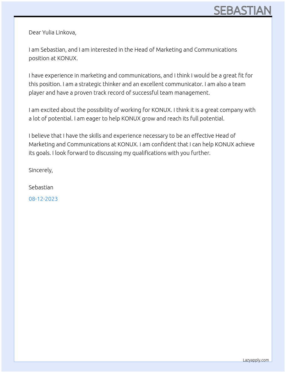 Head of Marketing and Communications At KONUX Cover Letter