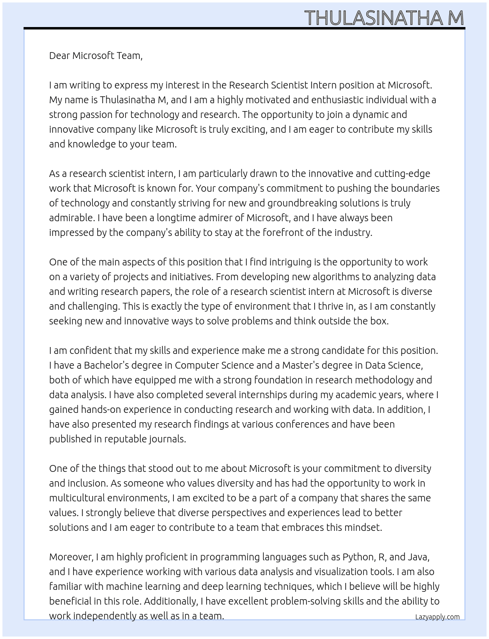 Cover letter for research scien intern - LazyApply
