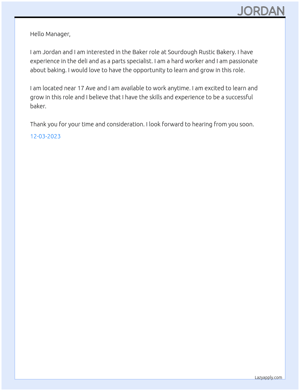 Baker At Sourdough Rustic Bakery Cover Letter