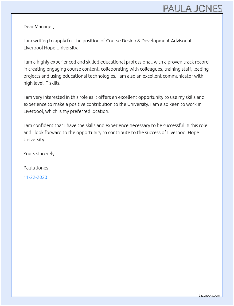 COURSE DESIGN & DEVELOPMENT ADVISOR At Liverpool Hope University Cover Letter