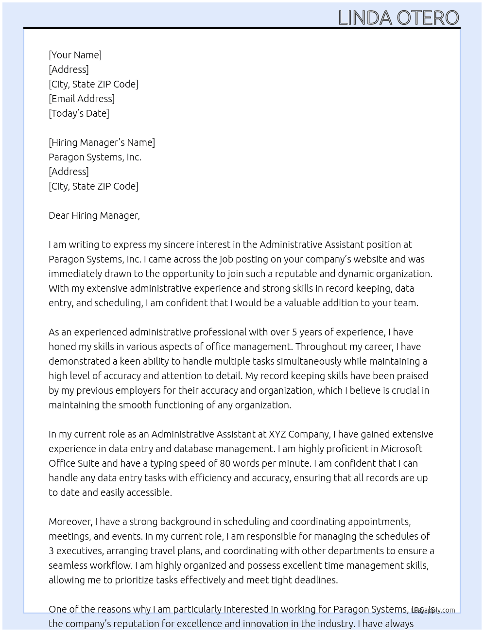 Administrative Assistant At Paragon Systems, Inc. Cover Letter