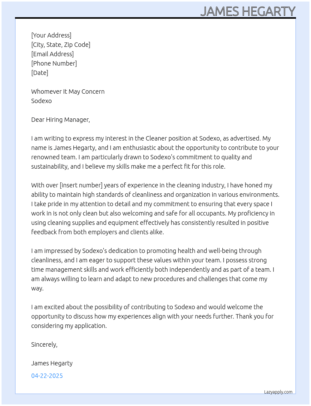 Cleaner At Sodexo Cover Letter