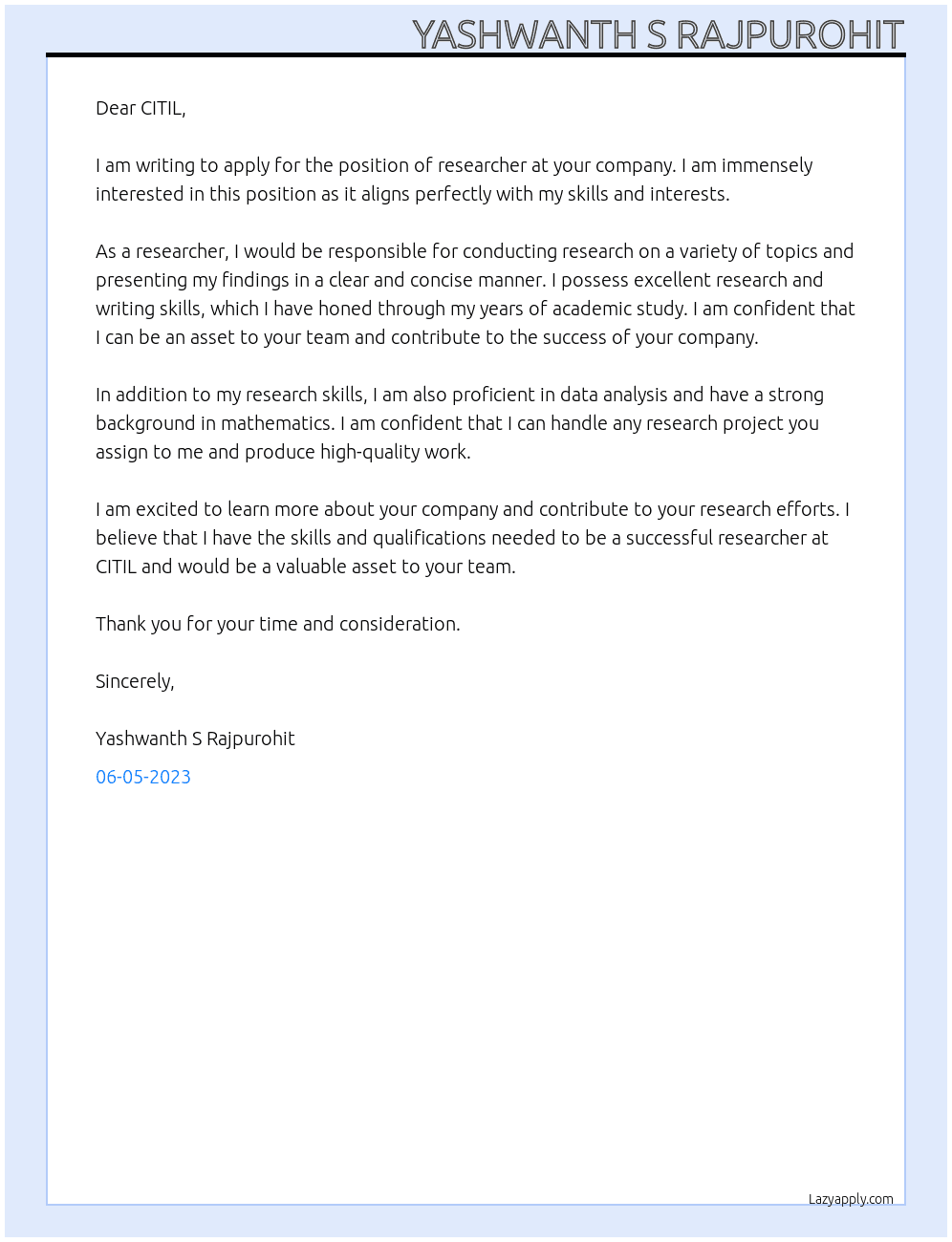researcher  At CITIL Cover Letter