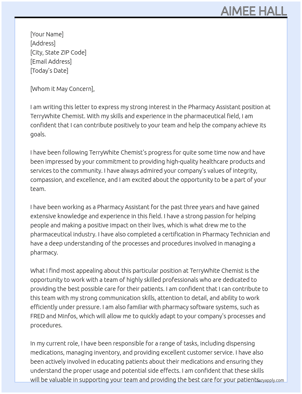 Pharmacy Assistant At TerryWhite Chemist Cover Letter
