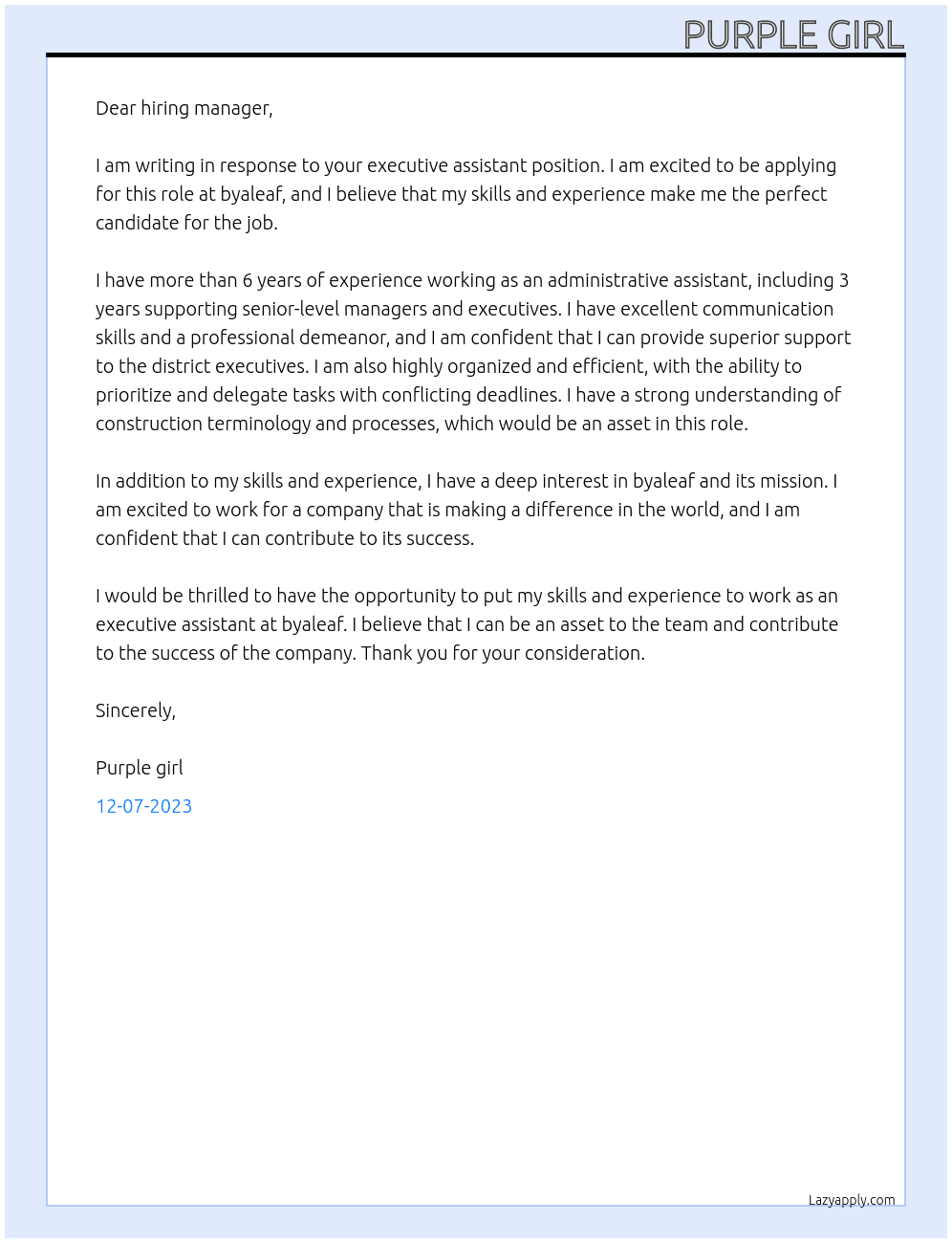 executive assistant At byaleaf Cover Letter