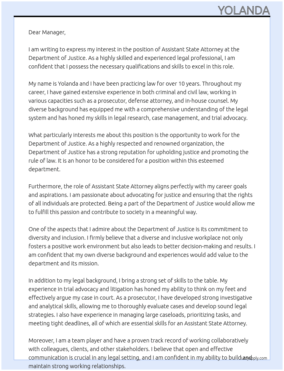 Cover letter for assistant state attorney - LazyApply