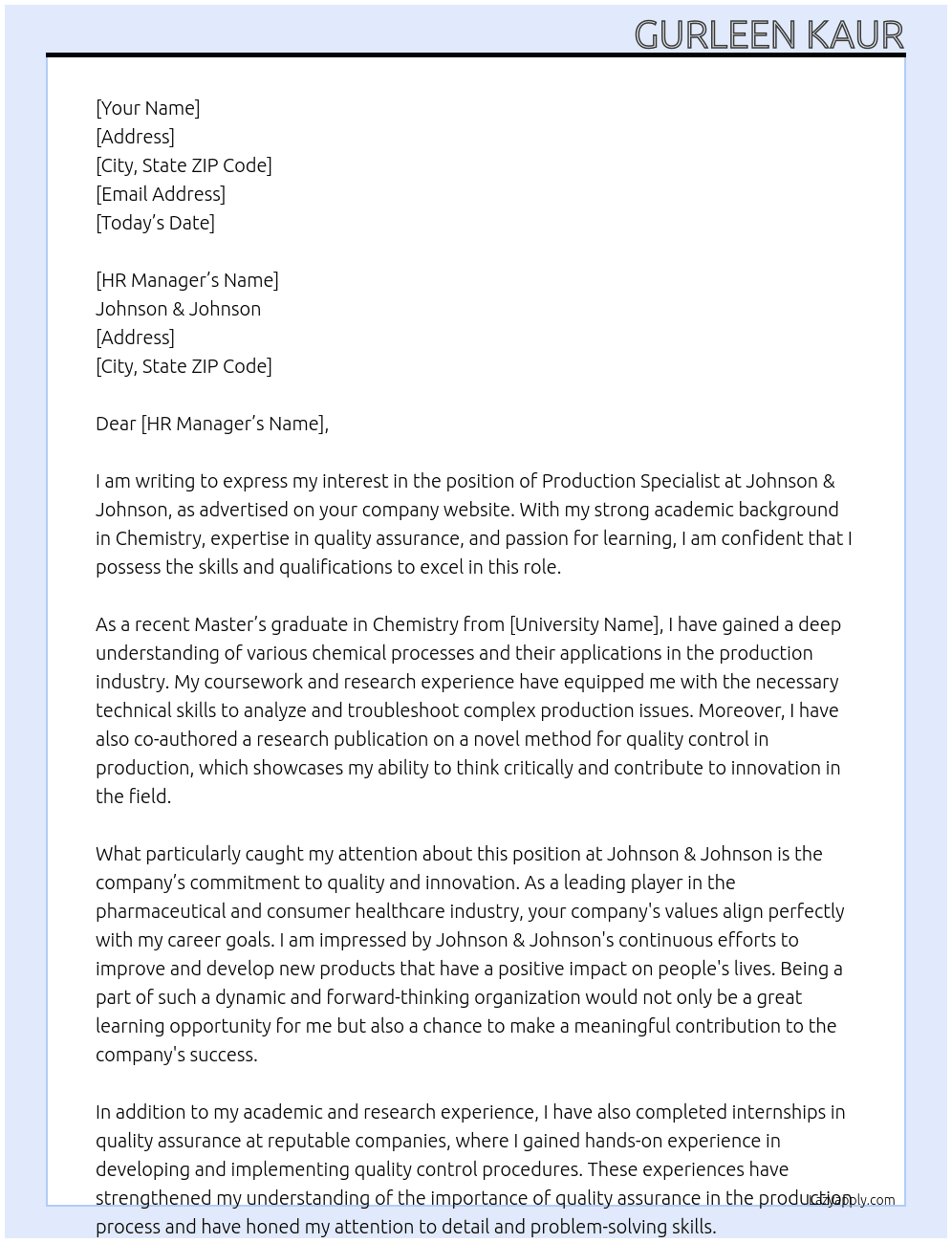 Production Specialist  At Johnson & Johnson Cover Letter