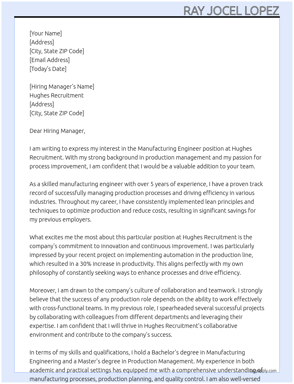 Manufacturing Engineer At hughes recruitment Cover Letter