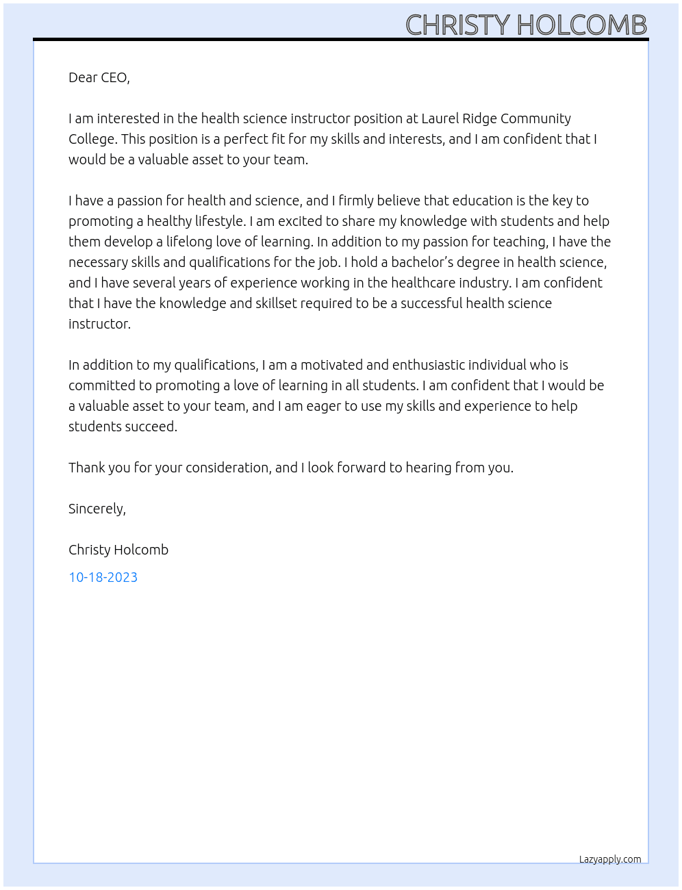 Health science instructor  At Laurel ridge community college Cover Letter
