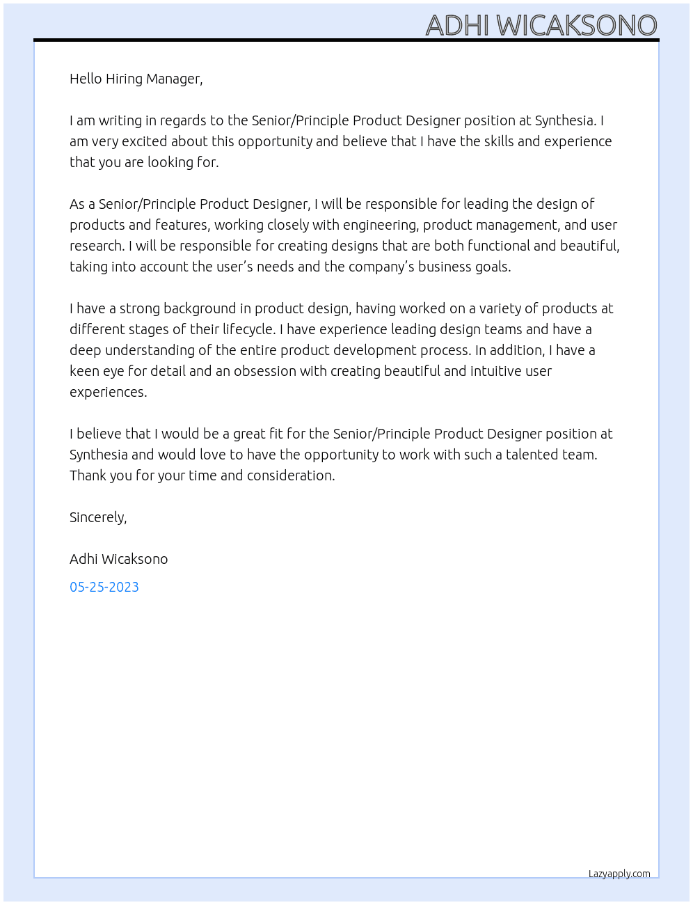 Senior/Principle Product Designer At Synthesia Cover Letter