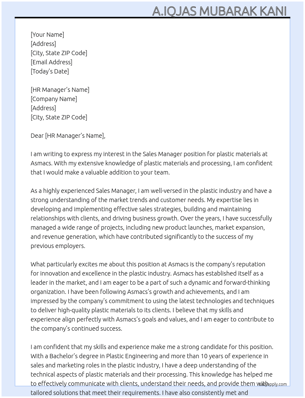 Sales manager plastic  At Asmacs  Cover Letter