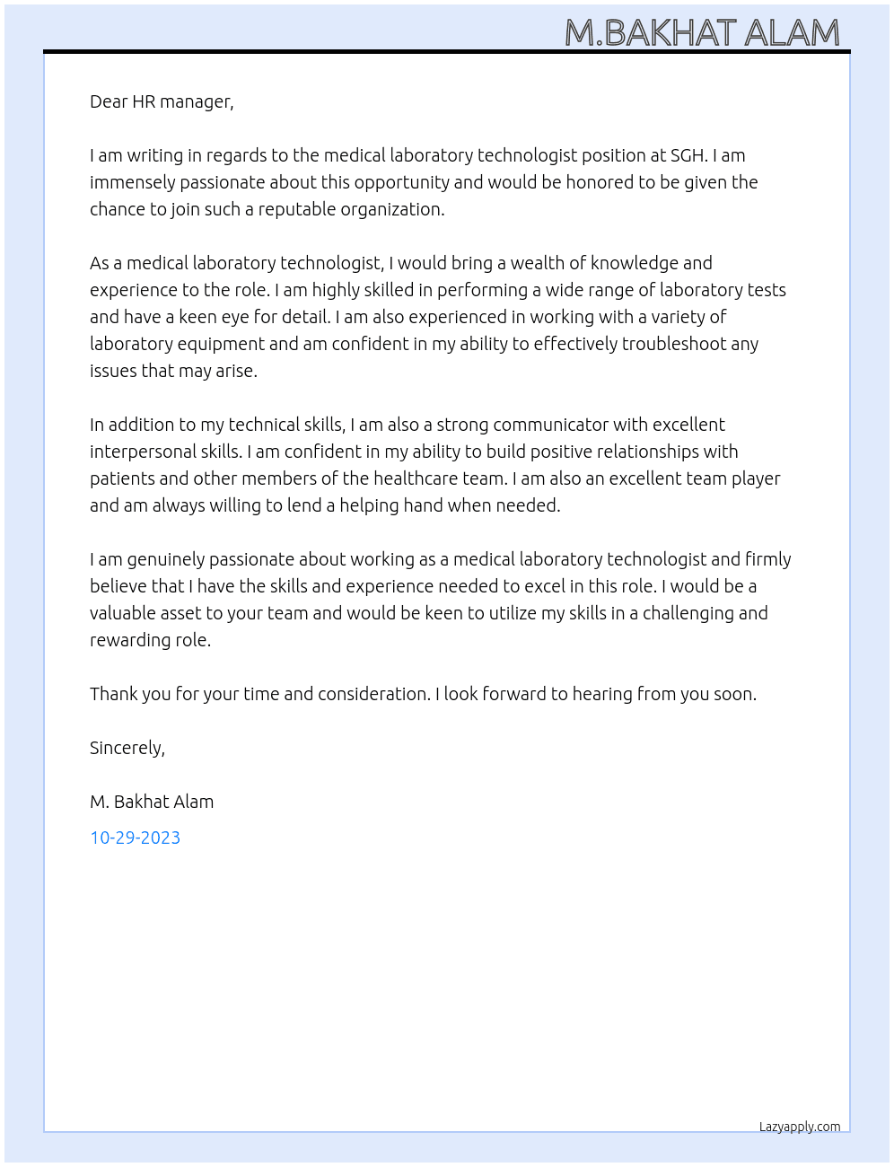 medical laboratory technologist  At SGH Cover Letter